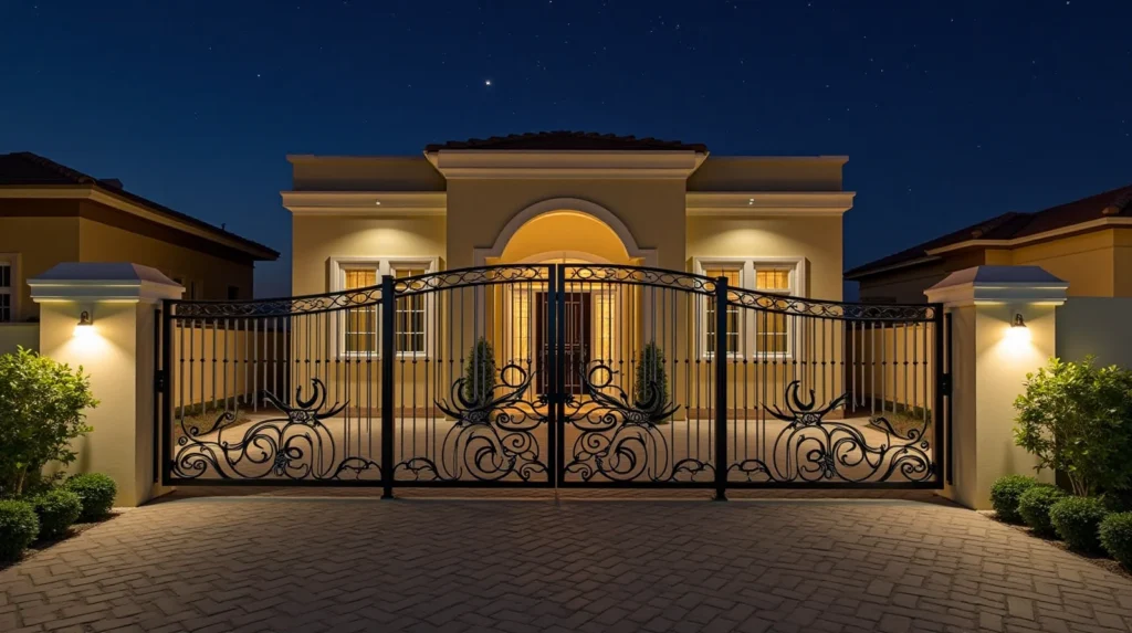 صورة لسور حديدي أمني أنيق في منزل عصري بالرياض، مع تصميم مزخرف وأضواء أمنية، محاط بنباتات خضراء.