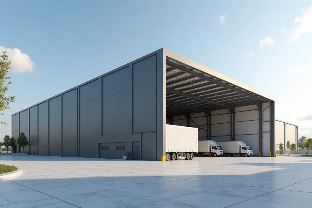 صورة لهنجر صناعي حديث في منطقة صناعية بالمدينة المنورة، مع مساحات تخزين واسعة ومرافق لوجستية متكاملة.