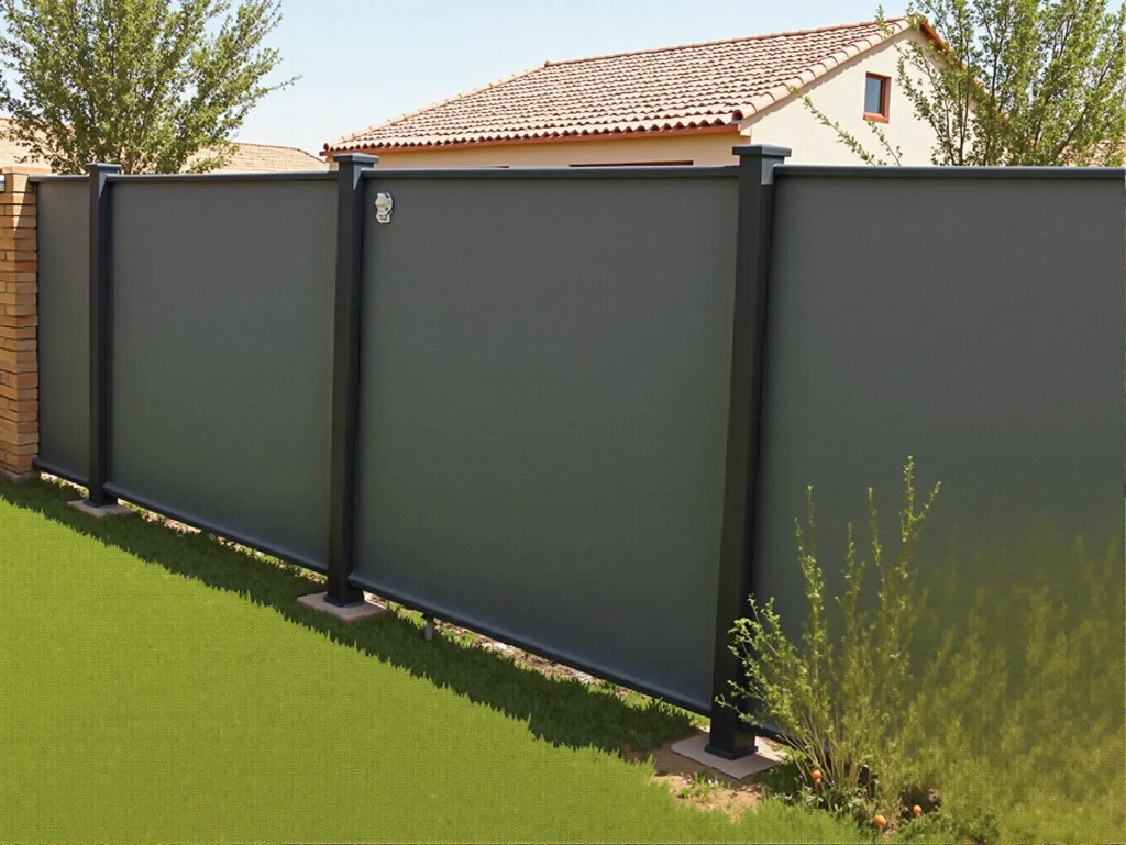 صورة لسور بلاستيكي حديث في حديقة منزلية بالمدينة المنورة، مع تصميم مزخرف وألوان جذابة، محاط بنباتات خضراء.