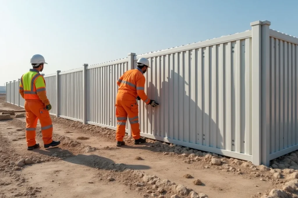 فريق عمل يقوم بتركيب سور شينكو في موقع بمدينة حائل مع خلفية صحراوية