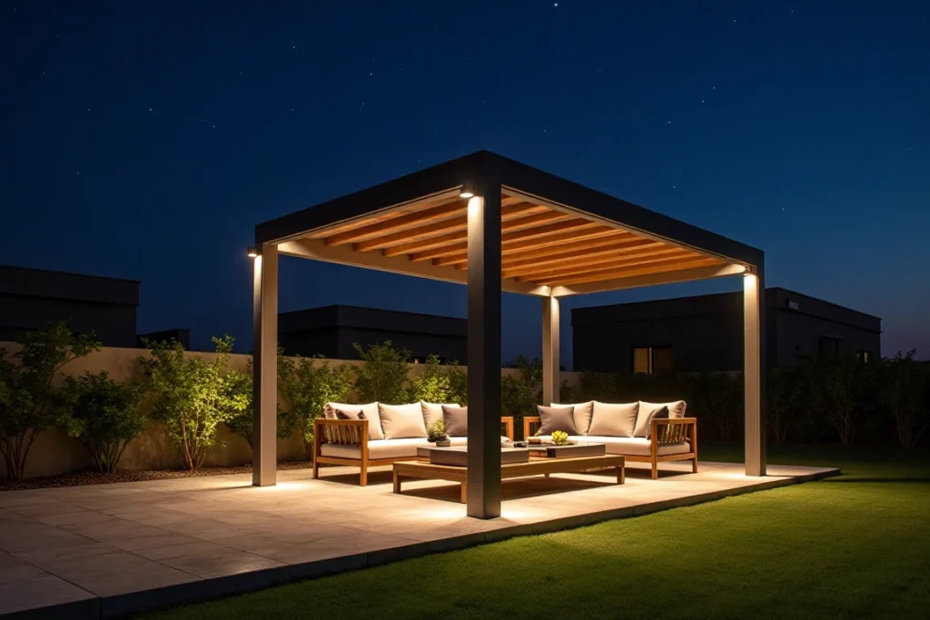 صورة لبرجولة حديثة مصنوعة من الألومنيوم والزجاج في حديقة منزلية بجدة، مع إضاءة LED وأثاث خارجي مريح.