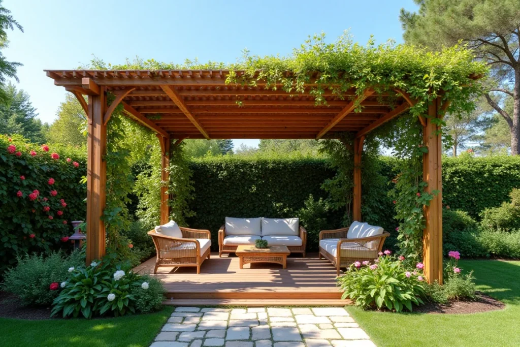 صورة لبرجولة خشبية أنيقة في حديقة منزلية بحائل، مع نباتات متسلقة وزهور ملونة، وأثاث خارجي مريح تحتها.