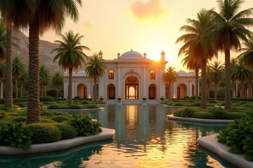 قصر فاخر محاط بأشجار نخيل عملاقة